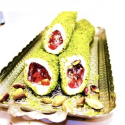                   ( Rolled Sultan Turkish Delight with Pomegranate Flavor and Pistachio Covered with Powdered Pistachio)