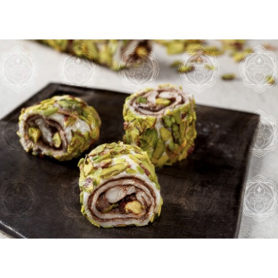      (Rolled Sultan Turkish Delight  with Pistachio and Chocolate Cream Covered with Pistachio SIivers )